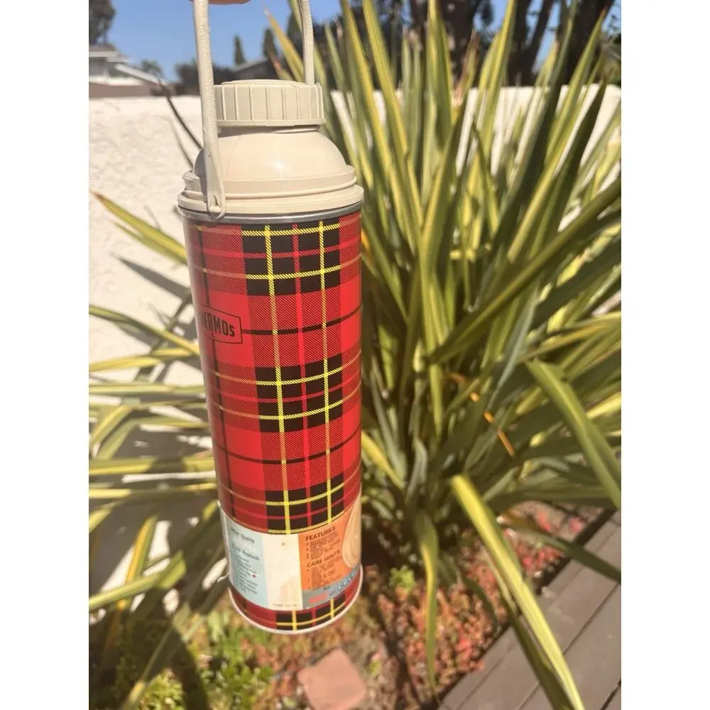 Vintage Thermos Metal Plaid Vacuum Flask Red Black NOP Collectible